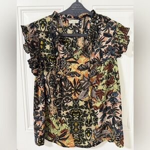 Chenault Women's Floral Ruffle Blouse - Black, Orange, Green